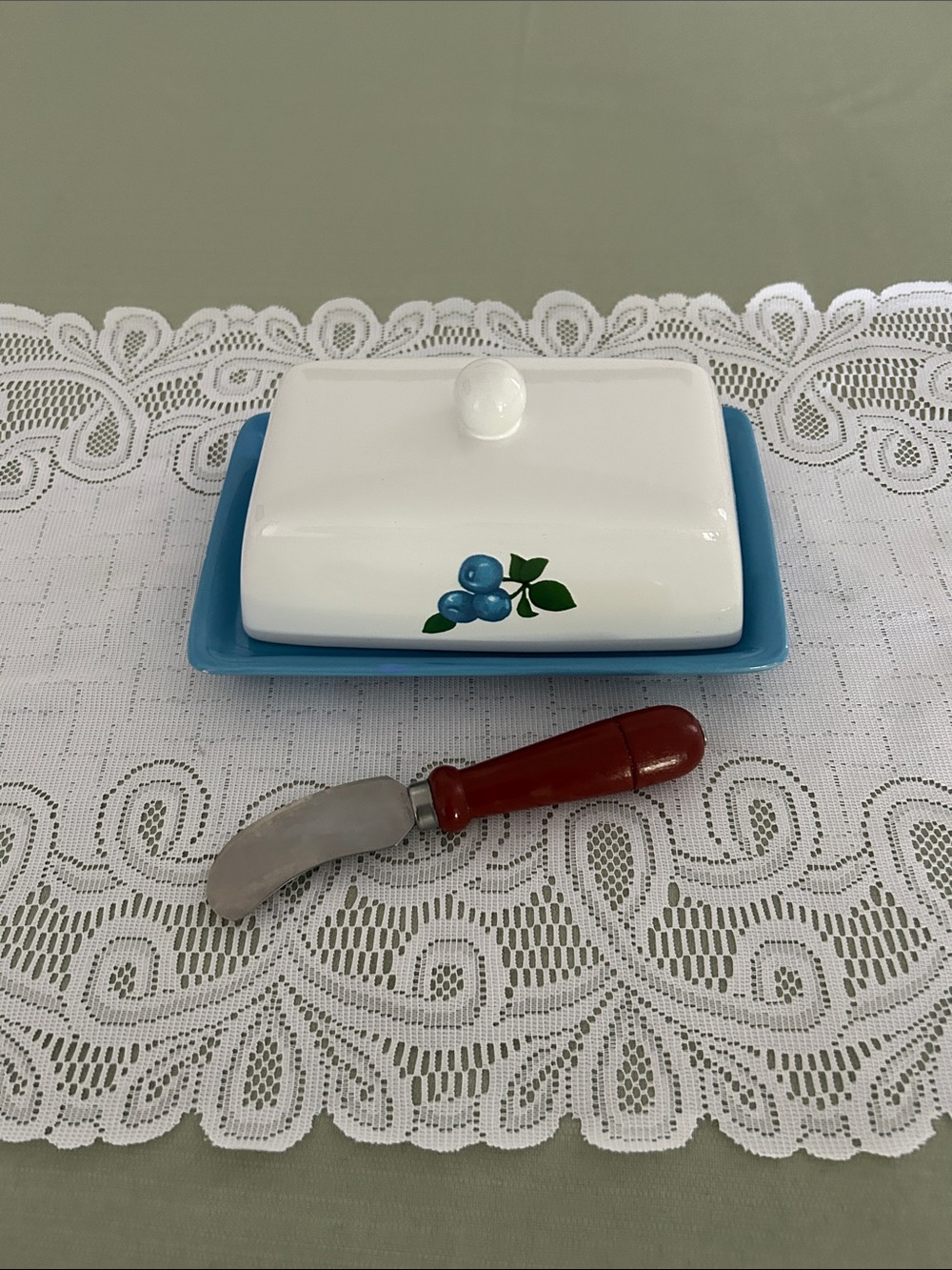 Blueberry Motif Ceramic Butter Dish with Blue Base 8x5 in few call outs - Picture 9 of 11